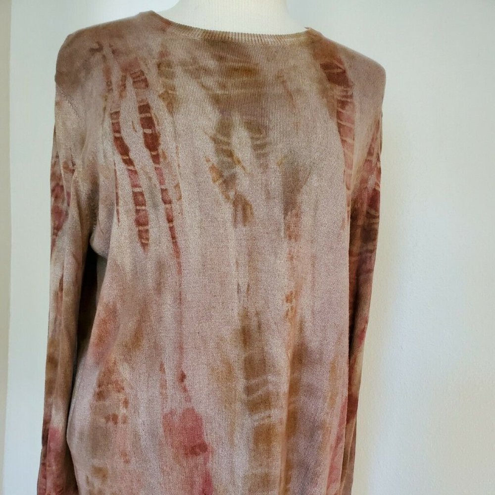 NEW Saks Silk Cashmere Sweater Shirt Tie Dye Camouflage leopard gray beige tan M